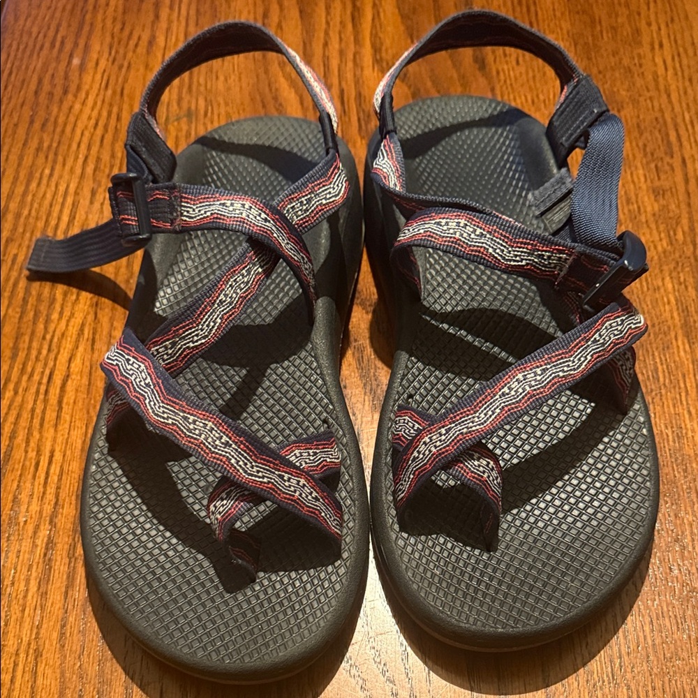 CHACO’s Outdoor Strappy Sport Sandals - Navy with Red & White Pattern